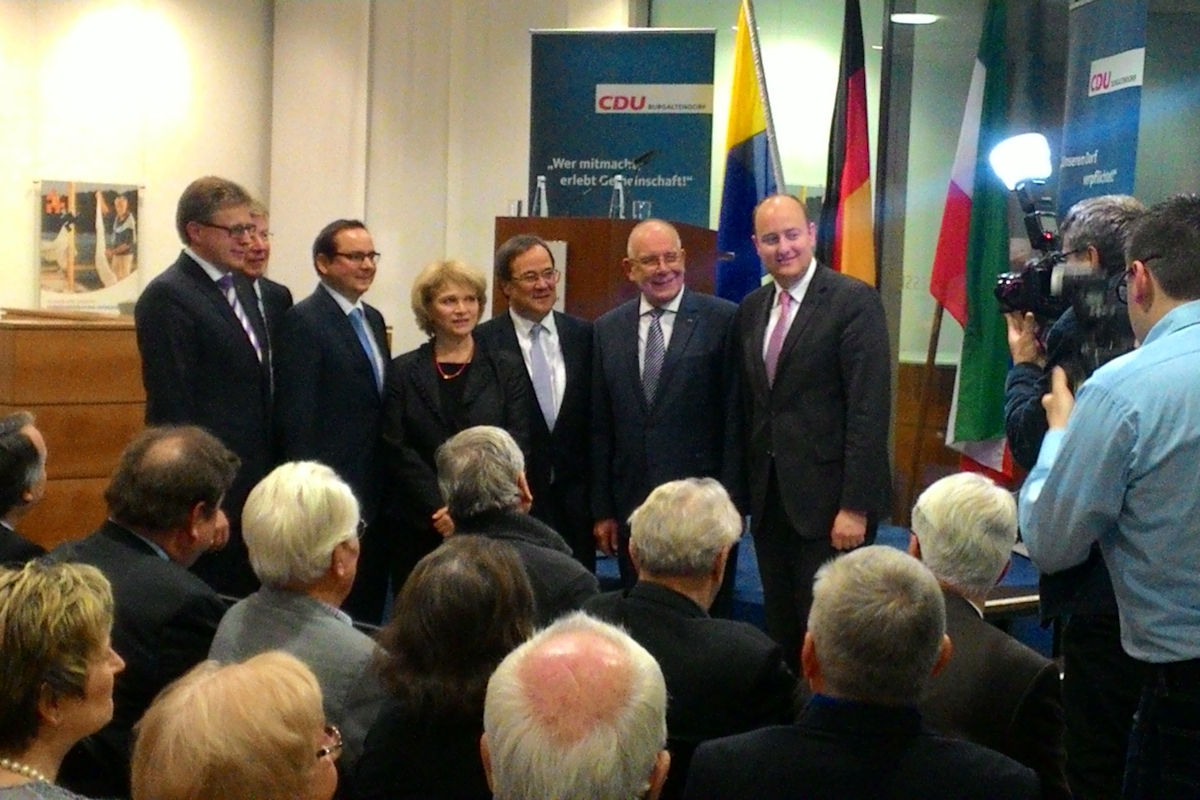Matthias Hauer mit dem CDU-Landesvorsitzenden Armin Lascht und dem Essener Oberbürgermeister Thomas Kufen auf dem Neujahrsempfang der CDU NRW